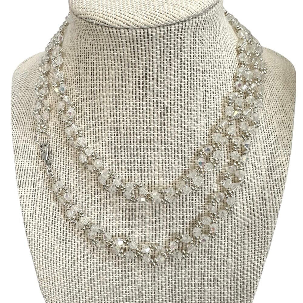 NEW Handmade Crystal and seed bead necklace Silver accent’s. 15” 2” extension
